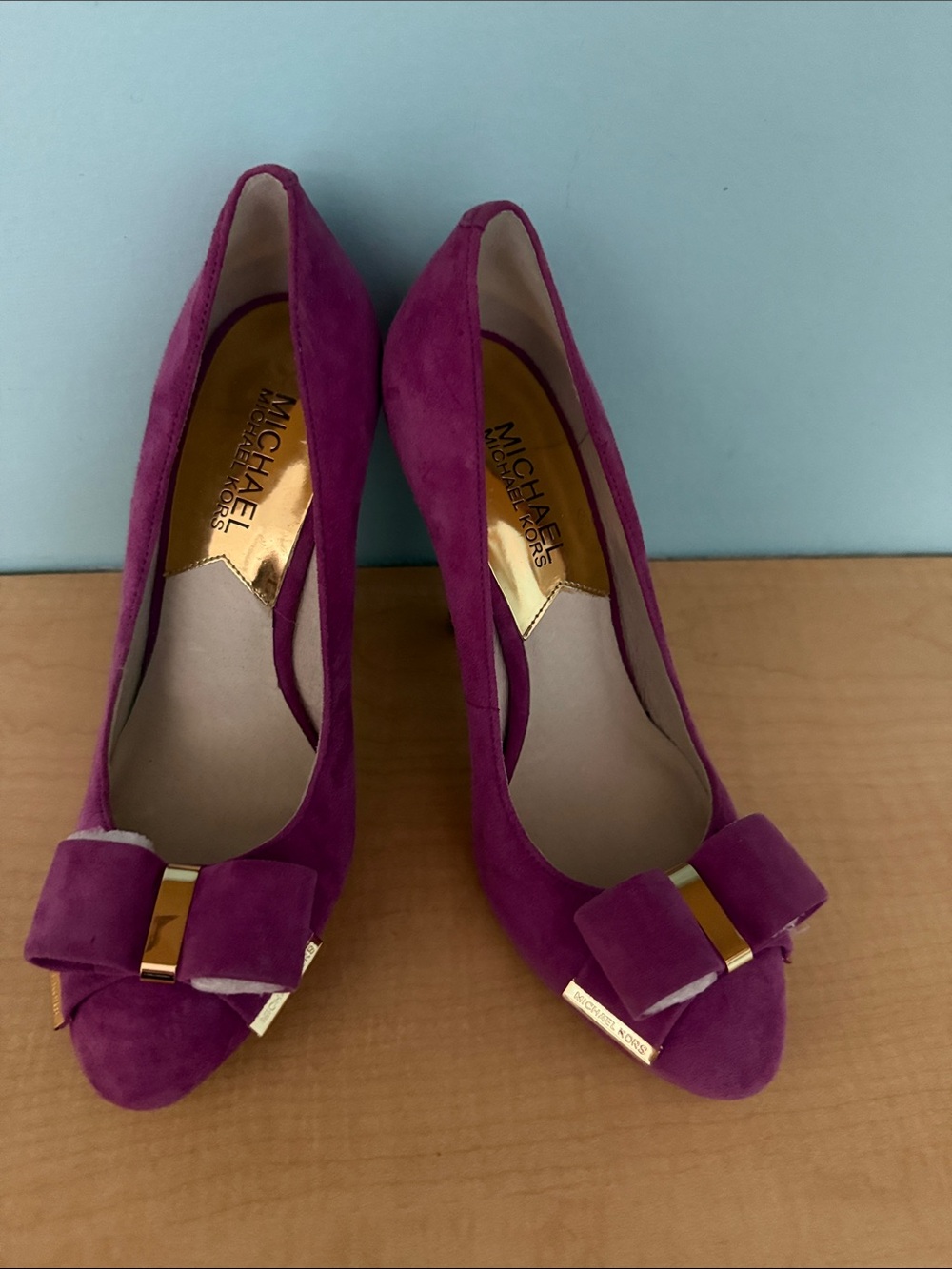 MICHAEL Michael Kors Magenta Suede Bow Pumps with Gold Accent